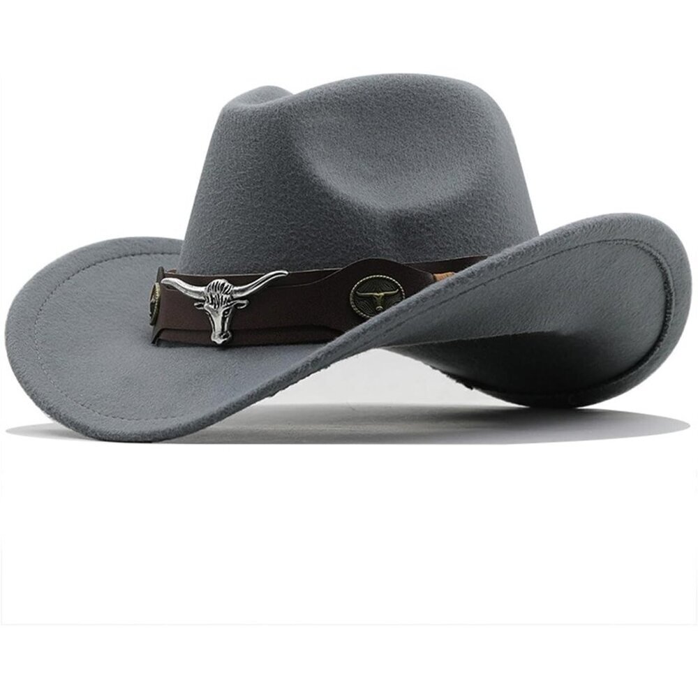 Unisex Dark Gray 100% Polyester Bull Skull Band Classic Fedora Felt Cowboy Hat